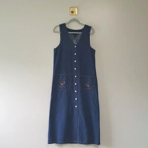 TY Original Wear VTG Denim Embroidered Sleeveless Jumper Dress Women 10 Reindeer